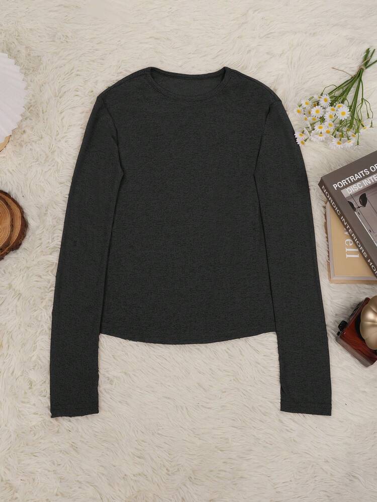 Y2K Elastic Sheer Long Sleeve Crew Neck Fitted T-Shirt Top - Black - View 2