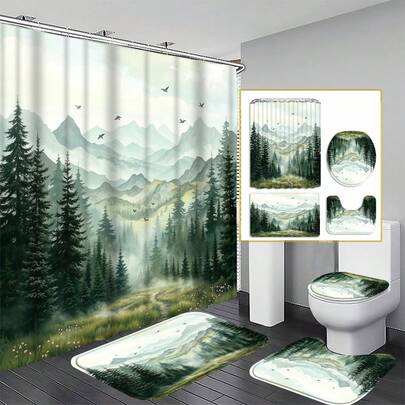 1/4pcs OMLLEX Green Mountain Bathroom Decor Shower Curtain, Watercolor Modern Forest Misty Pine Tree Bird Landscape Nature Farmhouse Fabric, Waterproof Polyester Material, 12 Hooks
