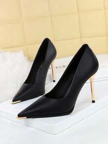 Metallic Pointed Toe Patent Paneled Sexy Versatile Super High Heel Pumps, Women's High Heels For Party