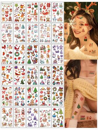 （30 件/套）充满活力的卡通圣诞主题临时纹身，包括驯鹿、圣诞老人、雪花、姜饼人、雪橇、饰品、礼物、长袜、蝴蝶结等，持续 3-7 天，适合男性和女性，可用于装饰杯子、礼物，以及作为送给朋友的圣诞礼物