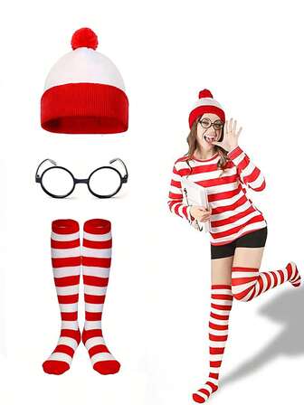 3PCS Lady Red And White Striped Accessory Set - Smart Wally Character Costume For Role-Playing, Costumes For The World Reading Day Costume Party, Includes Hat, Round Glasses, Striped Stockings, Suitable For New Year, Christmas Party Dressing