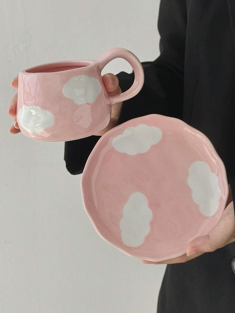 Cabin Kangaroo Ins风格，法式复古风格，手工捏塑手绘，不规则陶瓷咖啡杯碟，手工捏塑痕迹，手绘图案，艺术气息浓厚，高档甜点碟，下午茶，提升格调