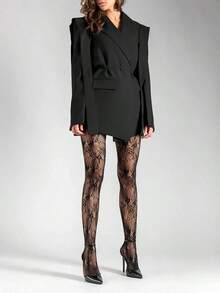 1 双加大码女式渔网紧身裤，法式复古玫瑰蕾丝提花长袜，性感优雅朋克风格渔网连裤袜，适合节日、派对、晚会 - 黑色 - 查看 6