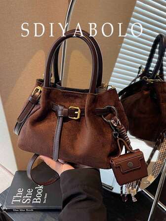 Suede Handbag For Women, New Autumn/Winter Niche Design, Matte Vintage Crossbody Bucket Bag With Pleats