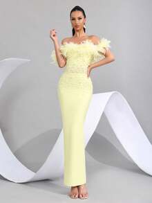 人造羽毛重点缀珍珠性感露肩露背紧身黑色绷带长裙，优雅女士婚礼宾客伴娘派对晚礼服 - 淡黃色 - 查看 3