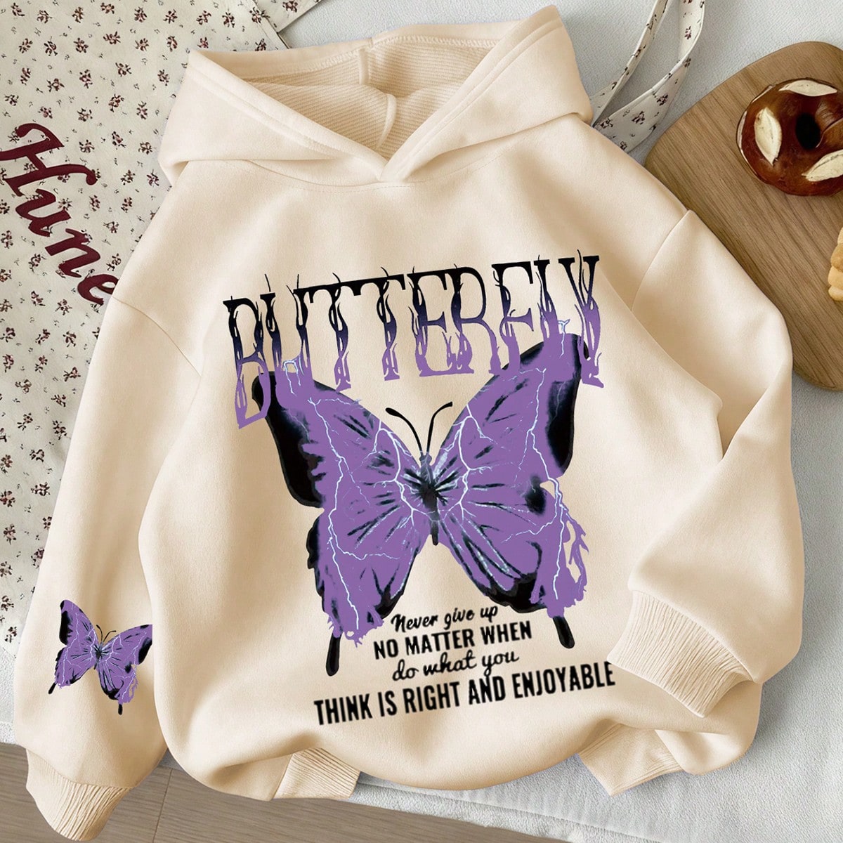 Sudadera con estampado de mariposa para niñas, sudadera con capucha de manga larga estilo streetwear, esencial para volver a la escuela, casual & de