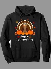 Men'S Thanksgiving Turkey & Pumpkin Hooded Sweatshirt - Happy Thanksgiving Graphic Print With Turkey Face, Autumn Leaves & Pumpkins, Plus Size Serving Breakfast Hoodie,Fall Hoodies,Men's Fall Clothes,Street Wear,Halloween,Mens Hoodies,Y2k Clothes,Jesus Hoodie,Thanksgiving Day,Nightmare Before Christmas,Christmas - màu đen - Xem 1