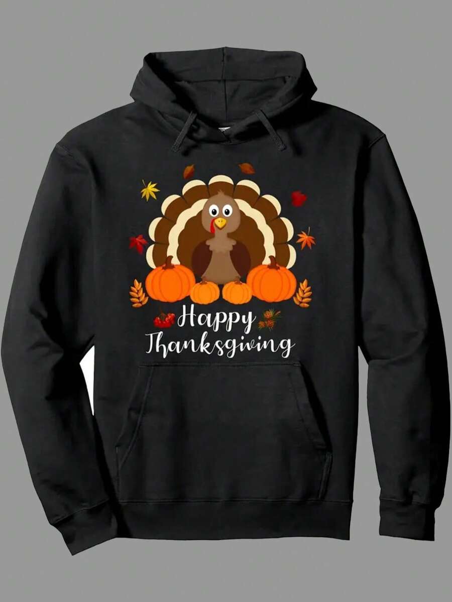 Men'S Thanksgiving Turkey & Pumpkin Hooded Sweatshirt - Happy Thanksgiving Graphic Print With Turkey Face, Autumn Leaves & Pumpkins, Plus Size Serving Breakfast Hoodie,Fall Hoodies,Men's Fall Clothes,Street Wear,Halloween,Mens Hoodies,Y2k Clothes,Jesus Hoodie,Thanksgiving Day,Nightmare Before Christmas,Christmas - màu đen - Xem 1