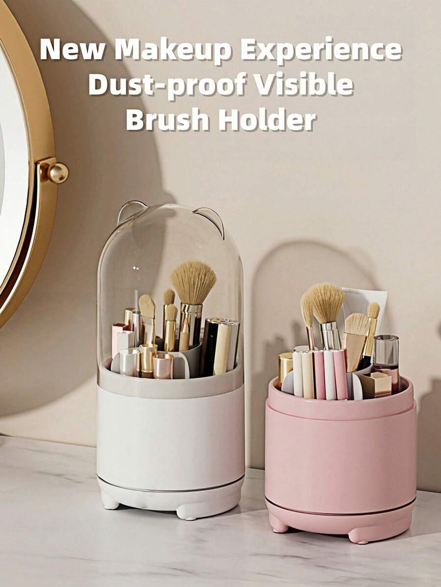 Soporte giratorio de 360 grados para brochas de maquillaje, organizador de maquillaje para tocador, estante de almacenamiento de lápices labiales para escritorio. Soporte giratorio para brochas de maquillaje, taza transparente a prueba de polvo para bolígrafos, organizador de brochas de sombra de ojos, estante de almacenamiento de lápices labiales, bolsa de maquillaje, esencial de viaje - Multicolor - Ver 1
