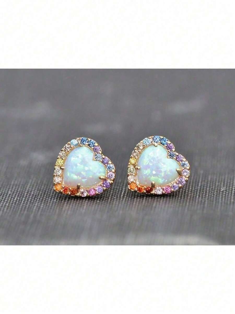 1 Pair Dainty White Opal Rainbow Small Heart Stud,Multi Colored Opal Halo Earrings,For Daily Wear, Parties,And Holidays,Birthstone Earrings,Christmas Gift - 彩色 - 查看 1