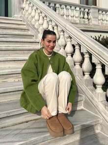 New Fashionable Loose Casual Jacket For Women, Y2K Style Stand Collar With Hidden Buttons, Autumn/Winter - màu xanh lá - Xem 4