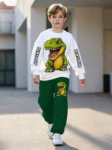 Bộ 2 áo nỉ và quần in hình khủng long cho bé trai, trang phục thời trang đường phố thường ngày cho mùa thu/đông - màu xanh lá - Xem 2