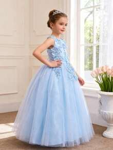 Vestito da cerimonia per ragazza pre-adolescente in pizzo, abito da sera da principessa per sfilate