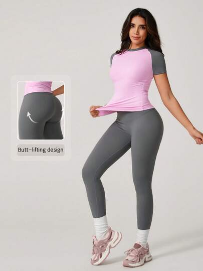 NcmRyu 1 set Costume de sport minimaliste à col rond élastique, manches courtes et pantalon pour femmes