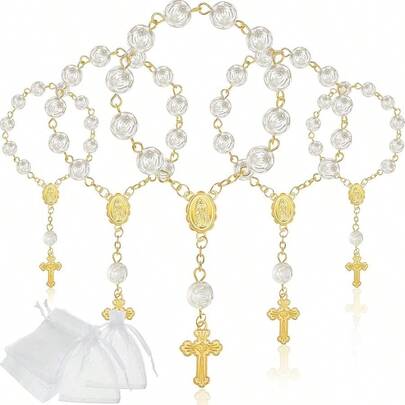 30pcs Mini Ivory Plastic Rosary Beads With Chiffon Bag, Suitable For Baptism, Wedding, Party And Other Occasions