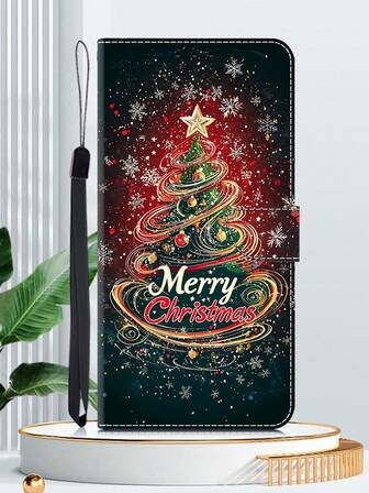 GLANDOTU Geschikt voor Galaxy, Apple, Redmi en kerstboomprintpatroon PU-leren portemonnee-stijl klaptelefoonhoesje met magnetische sluiting met kaartsleuven en standaardfunctie