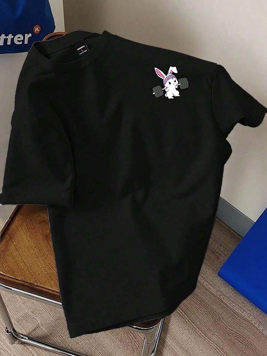 Camiseta de manga corta con estampado de conejo de dibujos animados negro clásico y versátil para fitness, camiseta casual deportiva unisex de cuello redondo - Negro - Ver 1