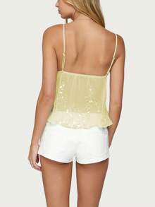 Women Sheer Sequin Tops Y2K Bow Lace Trim Spaghetti Strap Camisole Sleeveless Slim Fit Tank Tops Backless Crop Tops Going Out Cami Top Cute Streetwear Party Clubwear - 黃色 - 查看 5