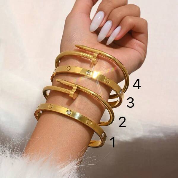 4Pcs Fashion Stainless Steel Gold Bracelet Set With Diamond Studded Nails, Small Waist Clover Bracelet Suitable For Women's Weddings And Daily Wear