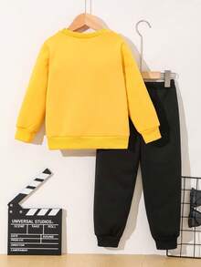 秋冬款小男孩字母印花长袖圆领羊毛卫衣和运动裤休闲套装 - 黃色 - 查看 5