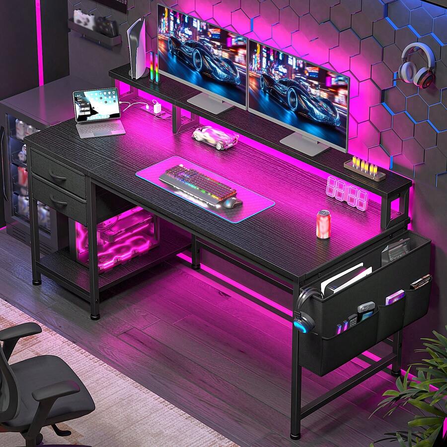 48" Black Computer Desk With LED Strip & 2 Drawers & Storage Bag Corner Desk With Power Outlets & Monitor Stand For Bedroom, Gaming Room - 黑色 - 查看 1