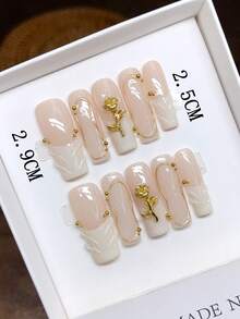 10片纯手工绘制方形美甲贴片，手绘个性化白色法式3D玫瑰美甲贴片，高品质优雅简约设计美甲贴片，按压式美甲贴片，美甲用品 - 彩色 - 查看 3