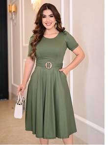 Midi Dress With Waist Detail With Ring Elegant Executive Evangelical Fashion Party Worship Wedding Work Casual Mesh Fabric - Xanh rêu - Xem 1