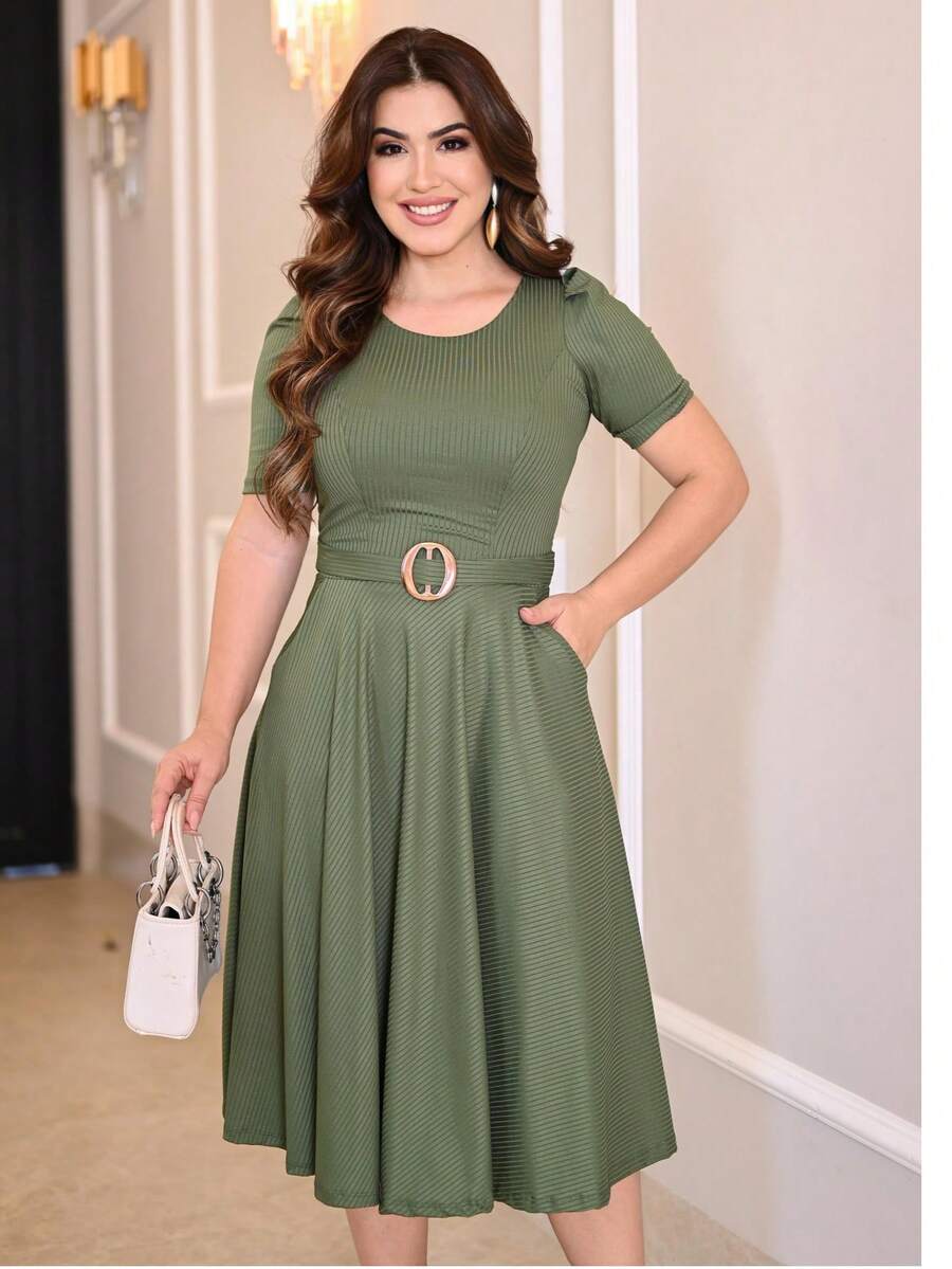 Midi Dress With Waist Detail With Ring Elegant Executive Evangelical Fashion Party Worship Wedding Work Casual Mesh Fabric - Xanh rêu - Xem 1