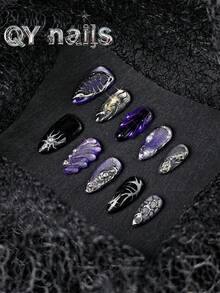 10片手工杏仁形全覆盖美甲贴片，中长款，紫色，时尚风格，适合女性和女孩，是送礼佳品，包含1片果冻垫和1个指甲锉。美甲用品，手工美甲贴片。 - 紫色 - 查看 10