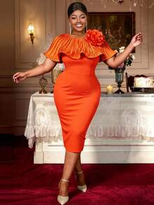 Plus Size Fitted Knee-Length Dress In Burnt Orange, Featuring Draped 3D Rose Floral Details, Sleeveless Round Neck, Medium Stretch Knit Fabric, New Year Edition