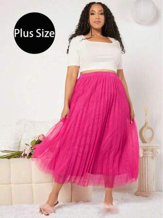 Solid Color Mesh Pleated Skirt, Elastic Waist Slimming Elegant Lady Skirt, Autumn Women Clothing