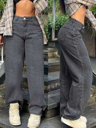 Jeans de pierna ancha y cintura alta elástica para mujer, estilo de ropa de calle Y2K, sueltos y cómodos, color gris