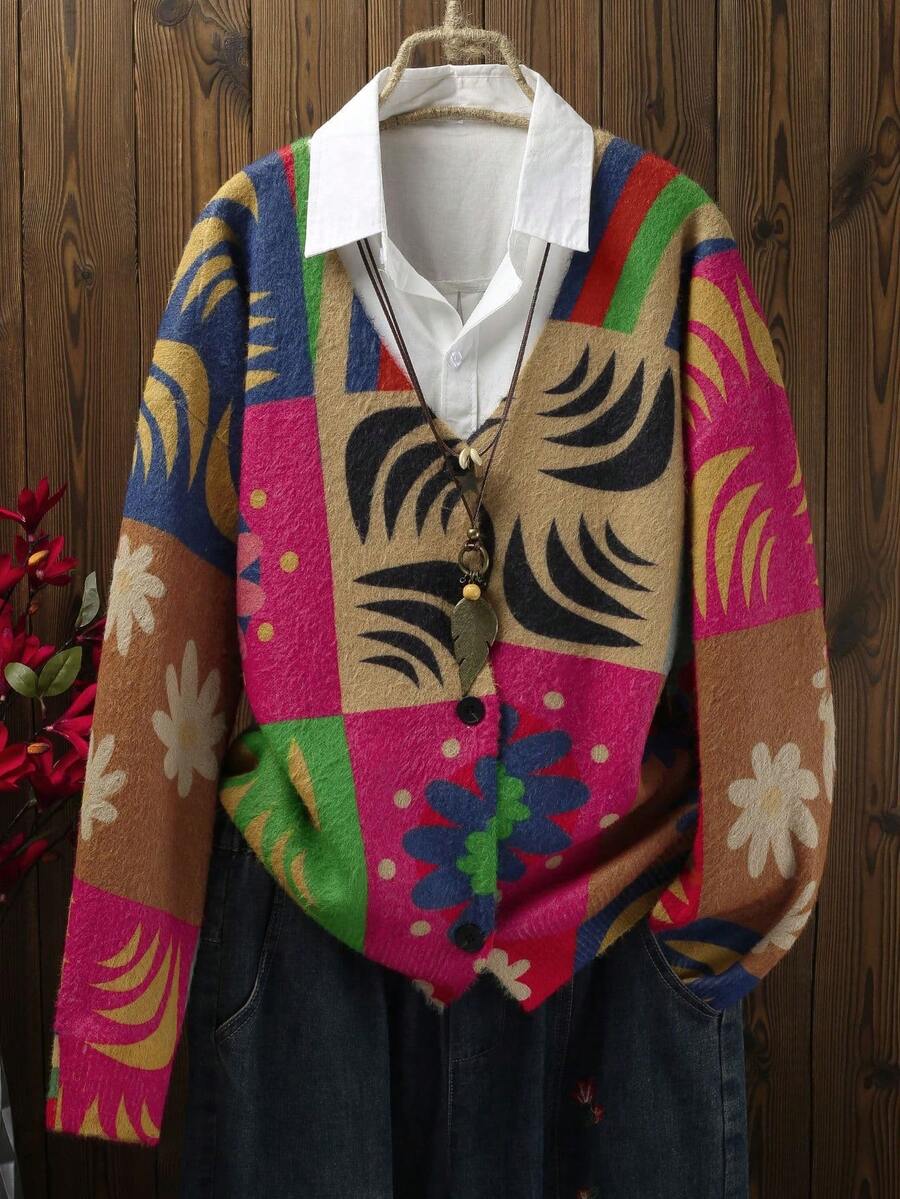 Plus Size Women Vintage Colorblock Floral & Leaf Print Long Sleeve Casual Knit Cardigan