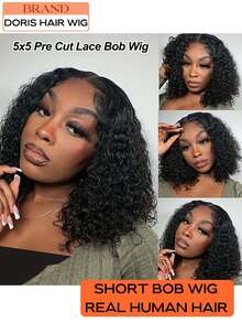 Bob Wig 100% Human Hair Wigs 200% Density Deep Curly Wave Real Human Hair Wigs OnClearance Lace Front Wig Pre Plucked Deep Water Wave Hd Lace Short Glueless Wigs For Women, Natural Black Color Brazilian Virgin Lace Wigs Pelucas De Cabello Humano 100 Natural Perfect For Daily Wear, Special Occasions, Parties, Halloween, Weddings, Dance, Cosplay,New Year, Christmas - Natural Black - View 10