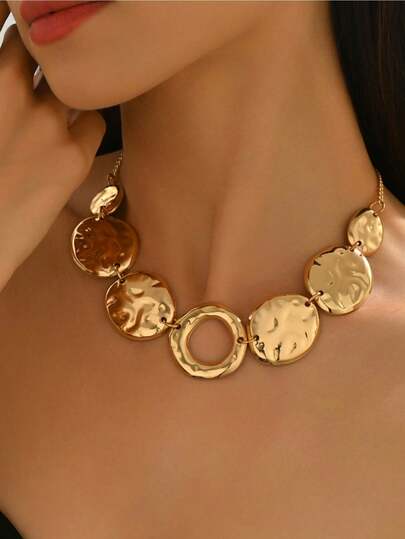 1 件复古厚几何设计纹理圆形表面项链，适合女士，复古个性化珠宝，适合休闲、节日、约会、派对装扮、秋季服装，长度可调节