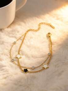 1pc Stainless Steel Gold Star & Shell Layered Bracelet, Minimalist Style For Women