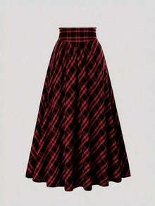 Women's High Waist Plaid Casual Drawstring Vacation Skirt - Red - View 3