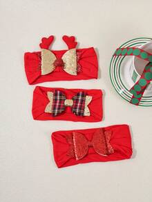 3pcs/Set Christmas Reindeer Bow Baby Headbands, Red & Green Soft Comfortable Glitter Bow Infant Hair Accessories - Multicolor - View 8