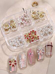 6件套圣诞美甲装饰品，金银蝴蝶结，镶嵌水钻和珍珠，圣诞圆形3D扁平美甲饰品，宝石可爱美甲装饰，美甲沙龙用品，DIY美甲 - 彩色 - 查看 3