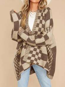 Womens Oversized Plaid Knit Cardigan Sweater Color Block Checkered Open Front Long Sleeve Coat - 深卡其色 - 查看 2