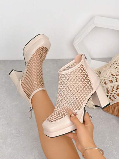 Hollow Mesh Sandals With Back Zipper, Summer Mesh Boots To Pair With Dresses, Breathable Mesh Boots For Nightclub, Mesh Patchwork Party Shoes