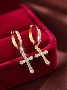Cubic Zirconia Cross Drop Earrings - Yellow Gold - View 7