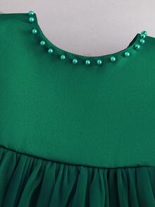 Baby Girls' Moss Green Bow Decor Mesh Patchwork Sleeveless Mini Dress - 墨綠色 - 查看 3