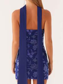 Women Summer Mini Bandeau Dress Sleeveless Off Shoulder Flower Embroidery Tube Top Dress With Scarf - 寶藍色 - 查看 2