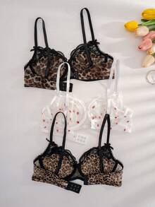 3件装女士纯色蕾丝豹纹无钢圈舒适文胸 - 彩色 - 查看 2