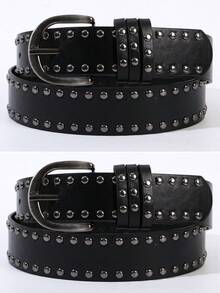 1pc/2pcs Women's Metal Buckle Double Row Rivet Solid Color Punk PU Leather Solid Stud Decor Waist Belt Accessory, Suitable For School, All Seasons, Gift For Women
