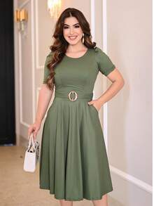 Midi Dress With Waist Detail With Ring Elegant Executive Evangelical Fashion Party Worship Wedding Work Casual Mesh Fabric - Xanh rêu - Xem 9