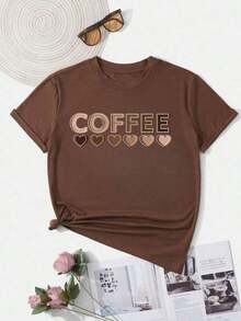 Women's Coffee T-Shirt Black Printed Cotton Blouse Promotion T Shirt - 棕色 - 查看 1