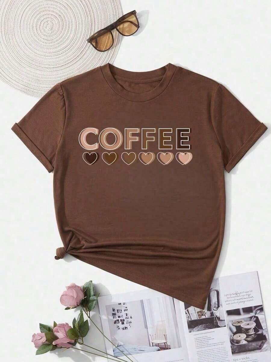 Women's Coffee T-Shirt Black Printed Cotton Blouse Promotion T Shirt - 棕色 - 查看 1