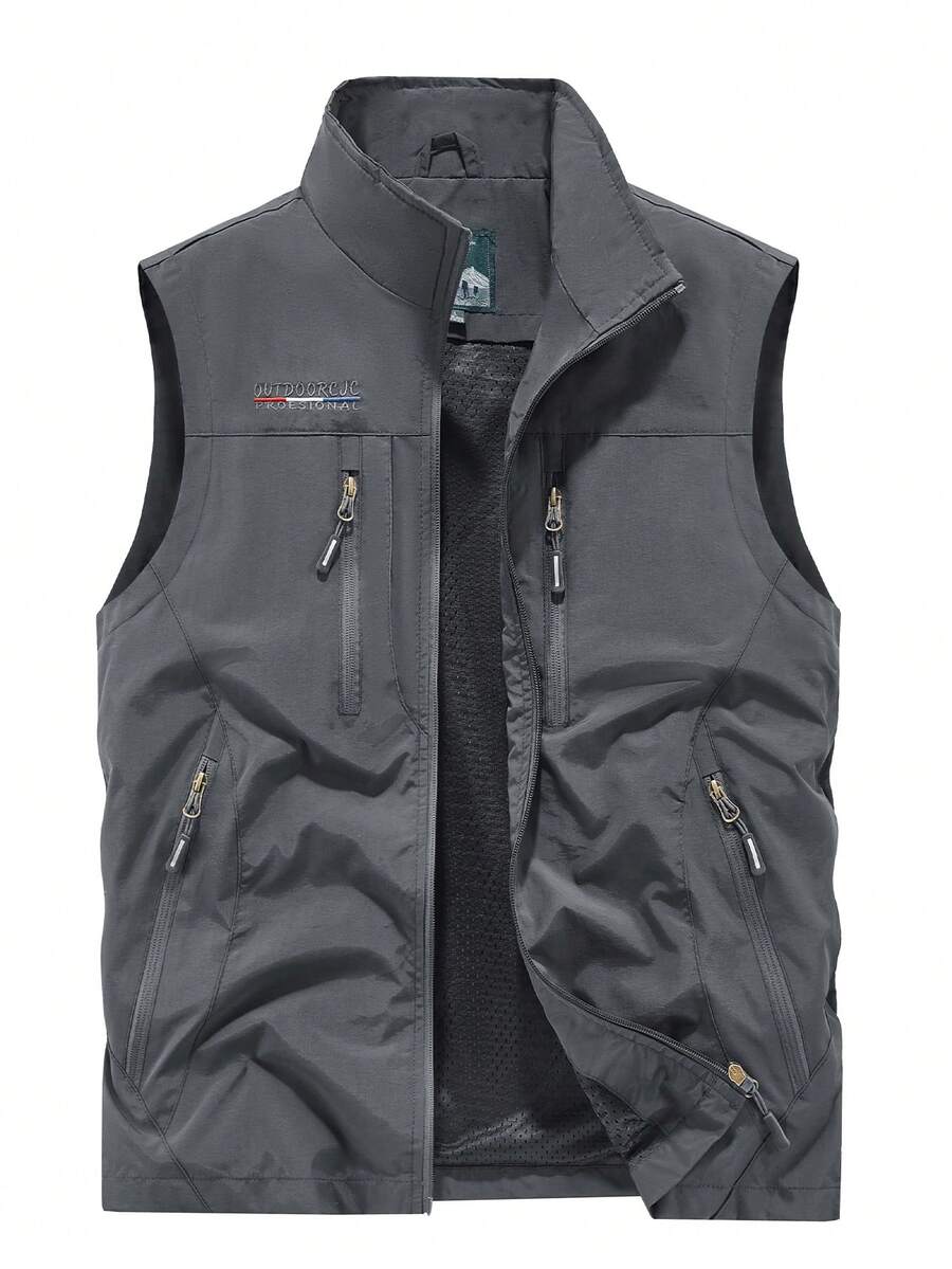 Men's Lightweight Vest, Multi-Pocket Zipper Nylon Sleeveless Jacket, Suitable For Outdoor, Fishing, Photography, Casual, Sports, All Seasons - Grey - View 1